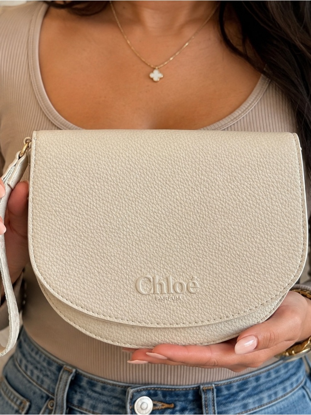 Small Cream Leather  Bag - Elegant Half-Moon Design